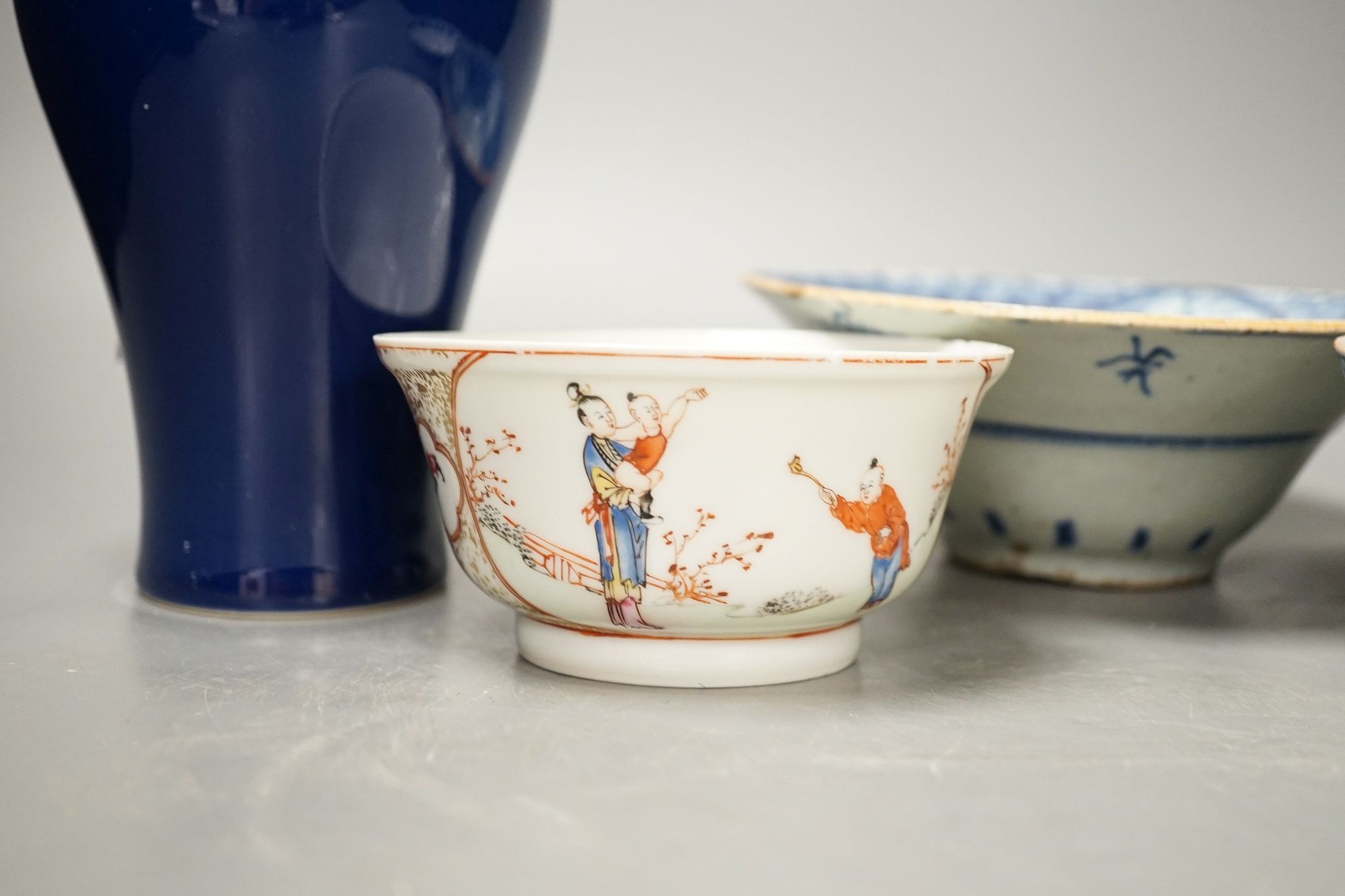 A Chinese blue glazed meiping, 20cm, and three Chinese porcelain bowls
